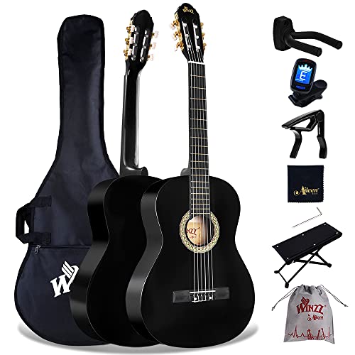 Winzz Konzertgitarre 4/4 Erwachsene, Klassische Gitarre Anfänger Set für Kinder ab 11+ Jahre - Schwarz Glänzend (39 Zoll)