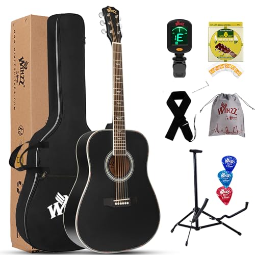 Winzz Schwarz Akustikgitarren 4/4, Anfänger Gitarren 41 Zoll mit Gitarrentkoffer, Stimmgerät, Gurt, Plektren, Extra Saite und Gitarrenständer