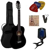 4/4 GITARRE - KONZERTGITARRE IM SET - CLASSIC - SCHWARZ BLACK- DECKE LINDE - STIMMGERÄT - TASCHE - BAND - NYLONSAITEN - 3xPIKS