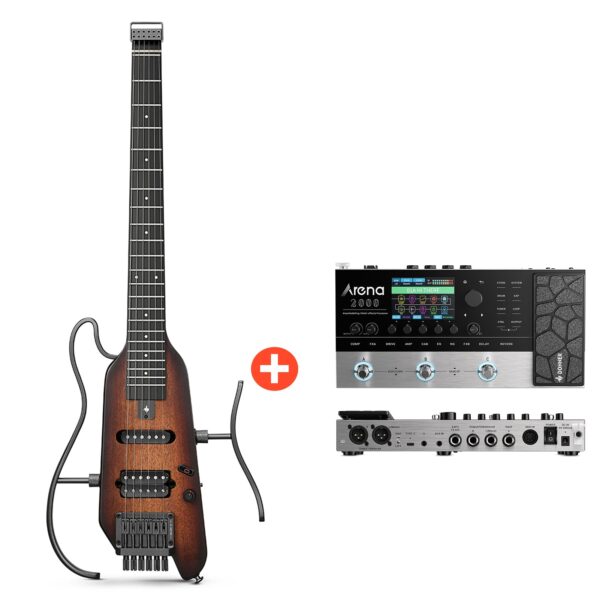 Donner HUSH-X  E-Gitarre Traveler Gitarre Ultra-Light für Unterwegs - Sunburst / Gitarre + Arena 2000 Pedal